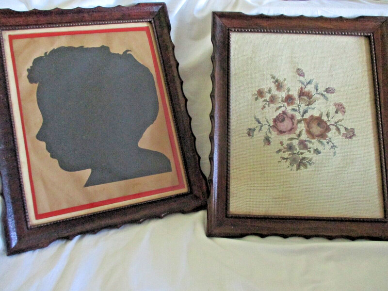 Set 2 Vtg. beautiful frames; one roses needlepoint, one silhouette, 13″ x 16″