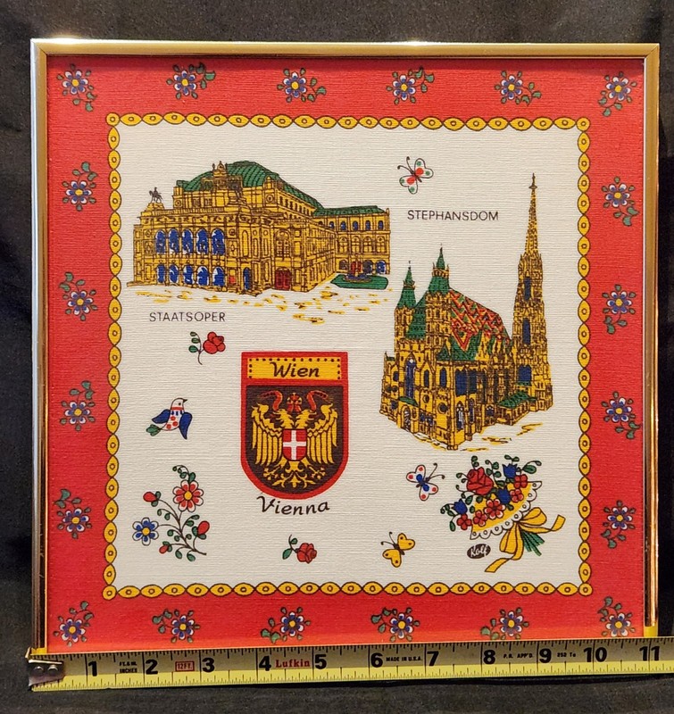 Vtg Kolf Austrian Square Woven Linen Blend Tapestry Framed Artwork Bold Colorful