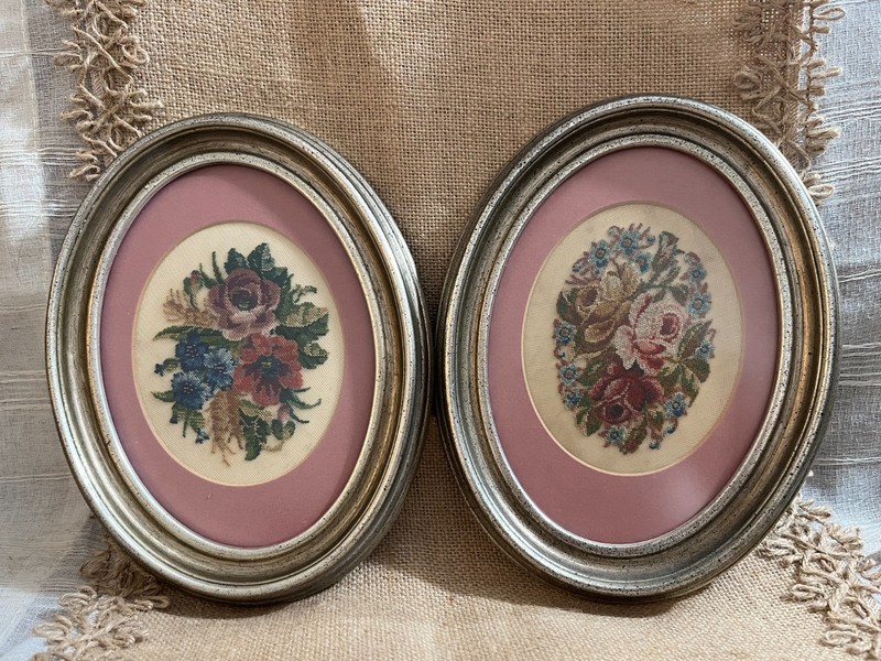 Vintage European Petit Point Floral Needlework Framed Pair Oval Gold Frame Wall