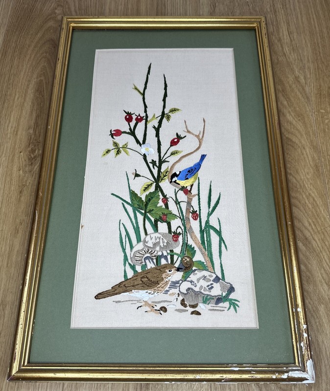 Vintage Embroidery Blue Tit & Song Thrush Signed 1984 53cm X 33cm framed gallery