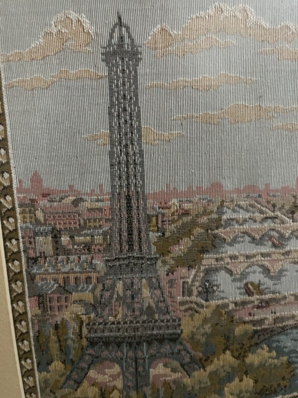 Vintage Framed Tapestry of Paris Effil Tower & River Scene Silk Embossed gallery