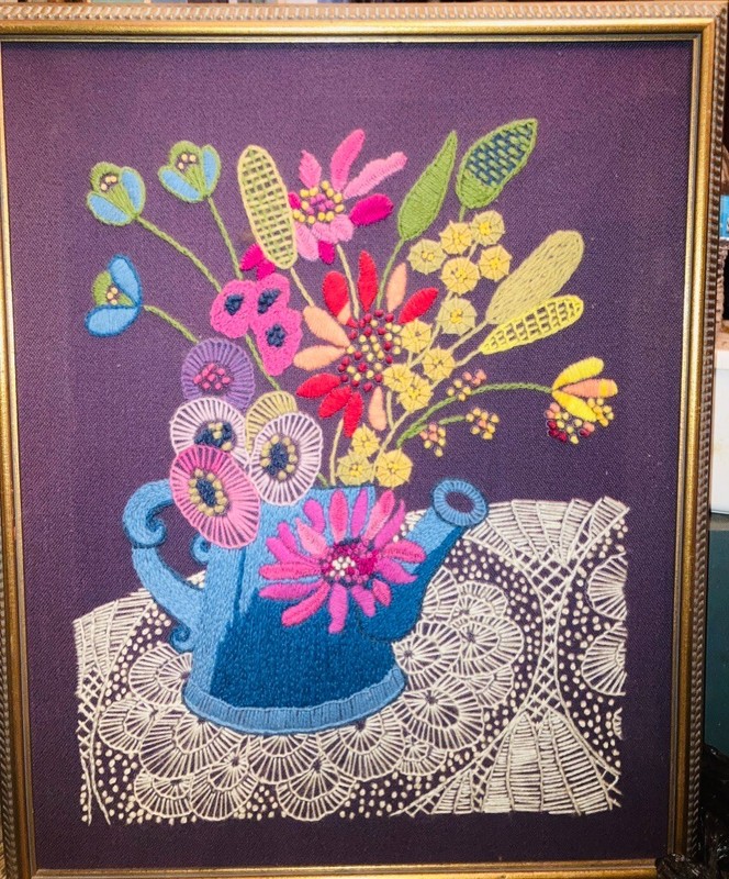 Mid Century Crewel Embroidery Flowers Vase Framed Picture 21×26″ Vintage Decor