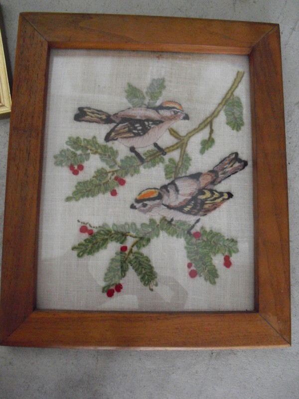 Needlework Two Birds on Holly Branch Wood Framed