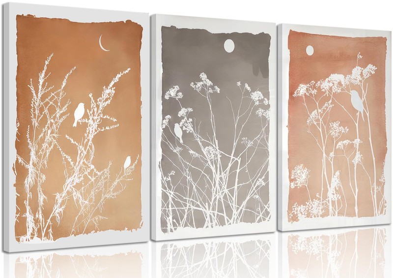 3Pcs Vintage Boho Wildflower Canvas Wall Art Neutral Rustic Floral Bird Paint…