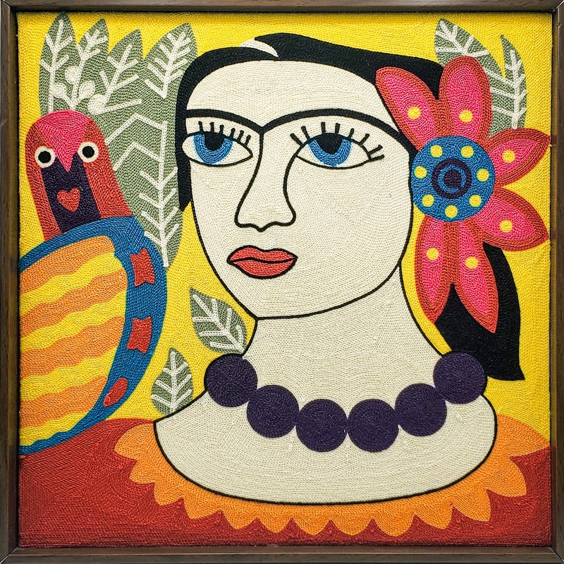 Frida Kahlo Style Chain Stitch Yarn Fiber Wall Art Portrait w/ Bird Framed 18″