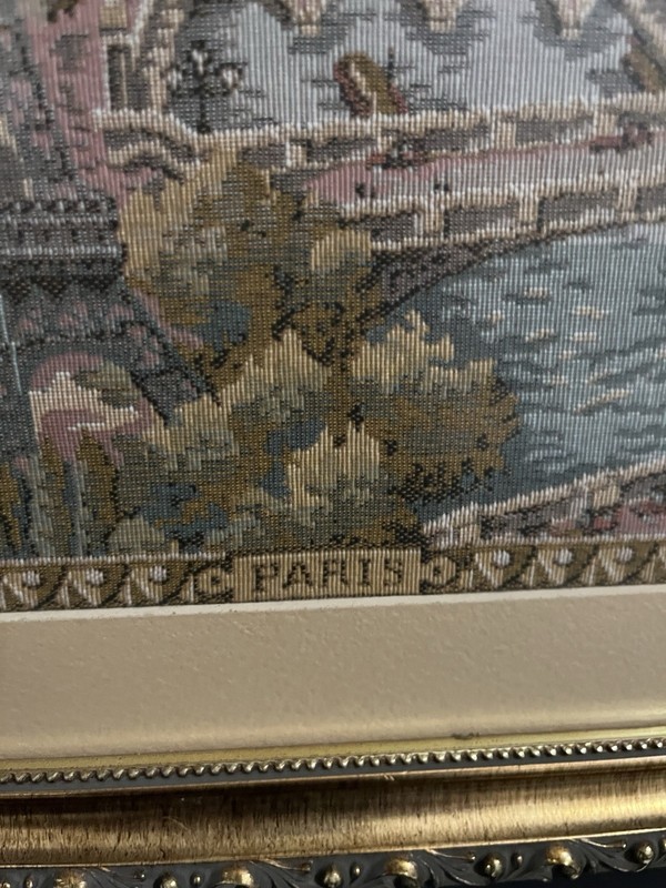 Vintage Framed Tapestry of Paris Effil Tower & River Scene Silk Embossed gallery