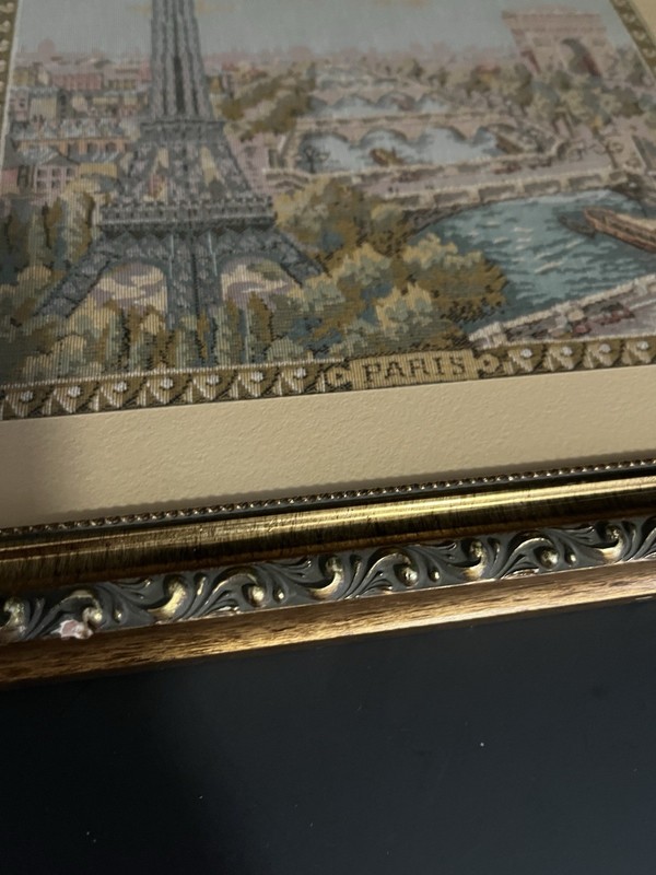 Vintage Framed Tapestry of Paris Effil Tower & River Scene Silk Embossed gallery