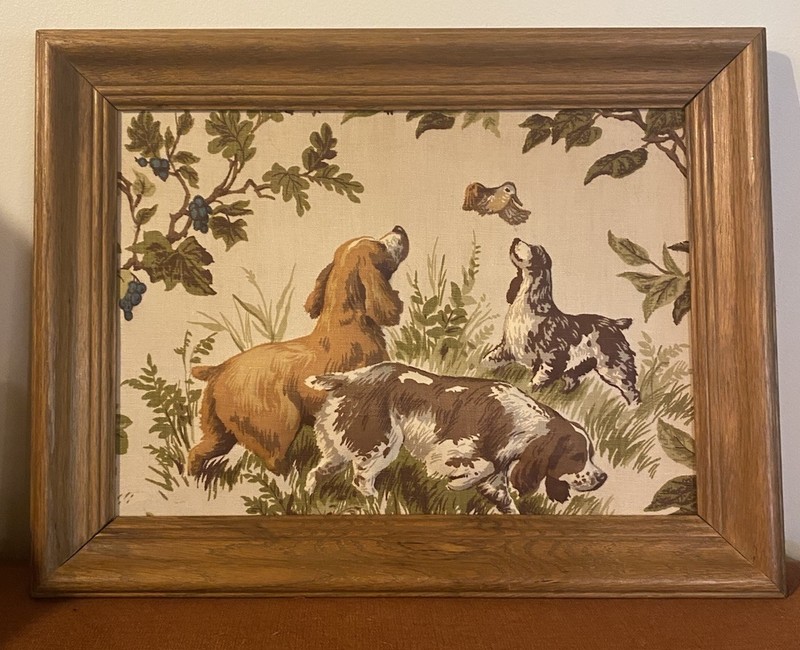 Vintage MCM Hunting Dogs & Bird Trapunto 3D Quilted Puff Art Framed 19×14.5
