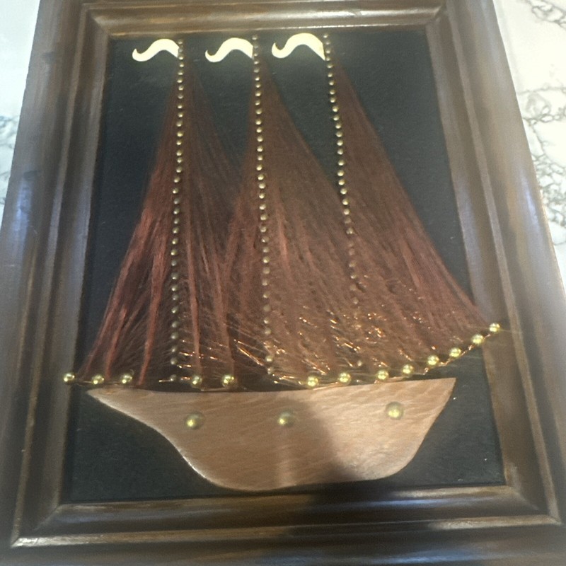 Vintage Wood Sailboat String & Nail 3 D Art Framed Black Velvet Copper 11x14 gallery