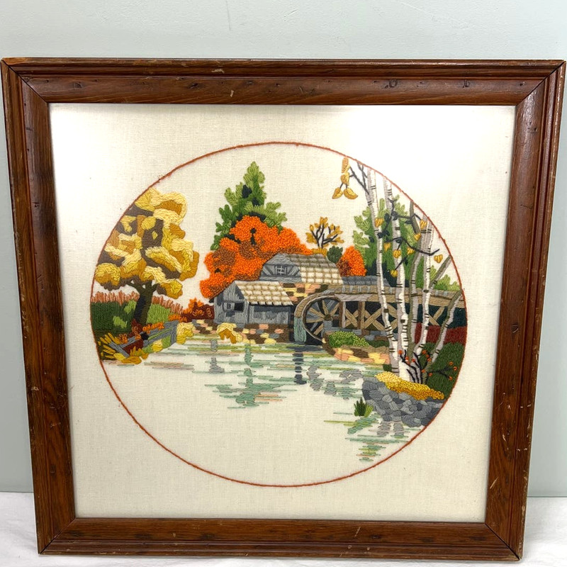 Vintage Crewel Picture Fall Mill Pond Autumn Landscape Complete 19×19 Framed