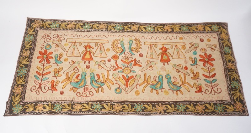 Vintage Wall Hanging Embroidery Fabric Image Birds Scale Kantha Suzani Handmade