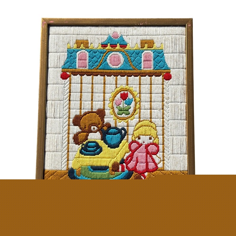 18×22 framed vintage yarn crewel art princes tea party with bear