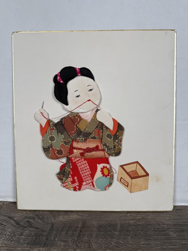 Vintage Japanese Fabric Art Girl Sewing Kimono Handcrafted Embroidery Panel 3D