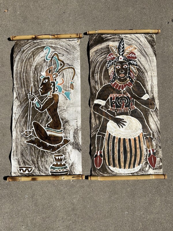 Two Vintage Tribal Hand painted Art on Bark With Bamboo Holder 41″ L x 28.5 W