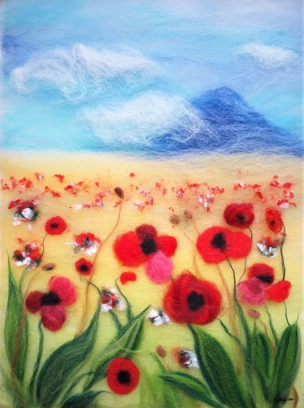 'Poppy field' Wool Fibre Painting Felting Picture Original Artwork by Raya Brown
