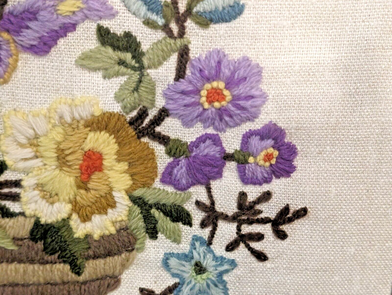 VTG Floral Colorful handmade Bouquet Basket Textile Art Crewel Framed 17 X 12 gallery