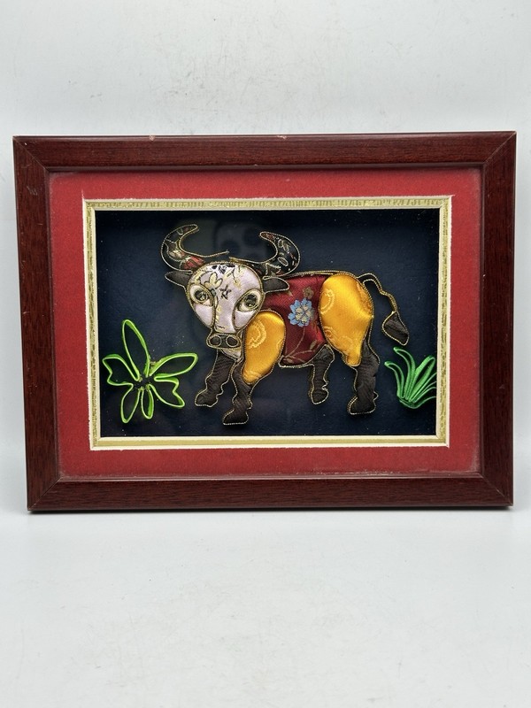 Silk Embroidery Bull Artwork In Shadowbox Frame With Matte