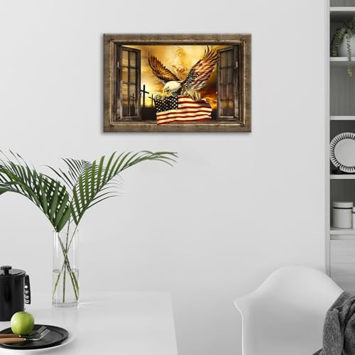 American Flag with Bald Eagle Wall Art Retro View of 16L" x 24W" window eagle gallery