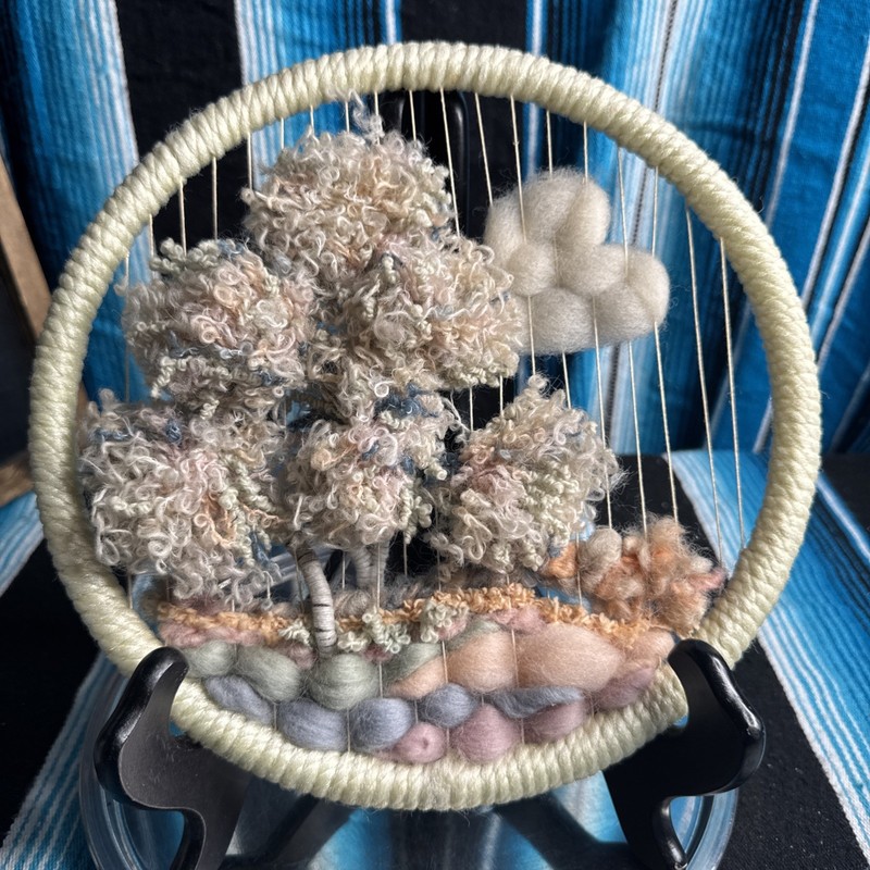 10.5” Circle VTG Fiber Textile Art Mid Century Wall Hanging Yarn Wool Tree Mod