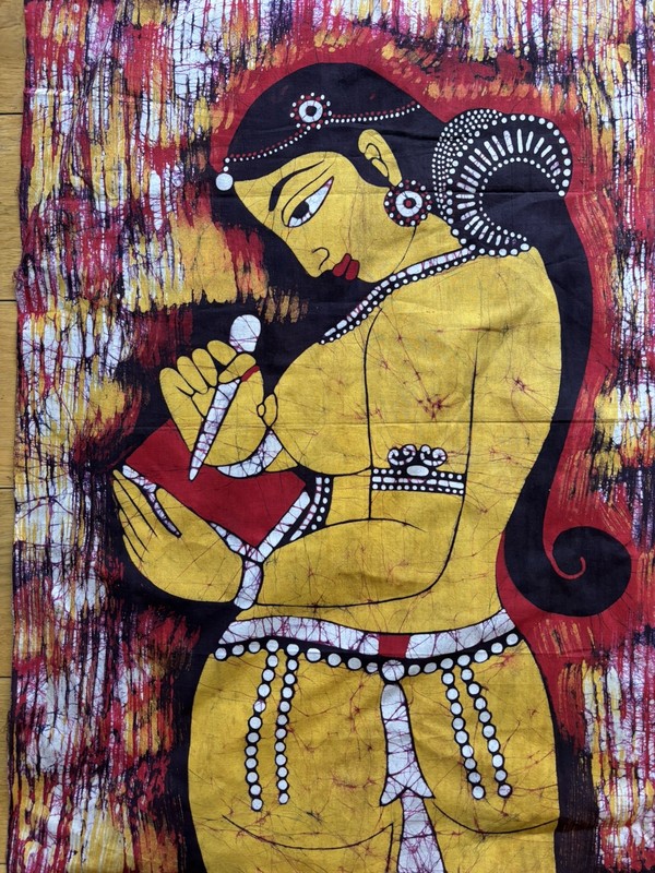 VINTAGE INDIAN BATIK PAINTING TEXTILE WALL HANGING EXOTIC WOMAN ART