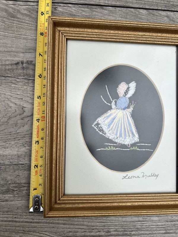 Embroidery On Felt Wall Art Signed Leona Mulkey Girl Picking Flowers gallery