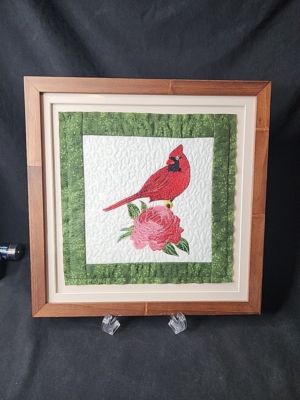 Framed Cardinal Floral Quilt Block Machine Embroidery Quilted 12.75″ X 12.75″