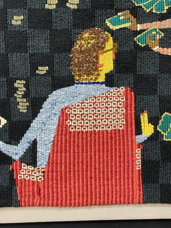 Susan Martin Maffei "The Card Players" Handwoven Tapestry Woolwork Framed 41x38" gallery