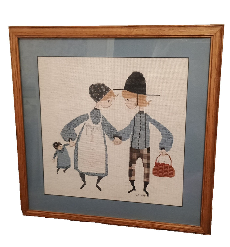 Vtg ADORABLE Tarry Not Amish Boy Girl P Buckley Moss Cross Stitch wodded Frame