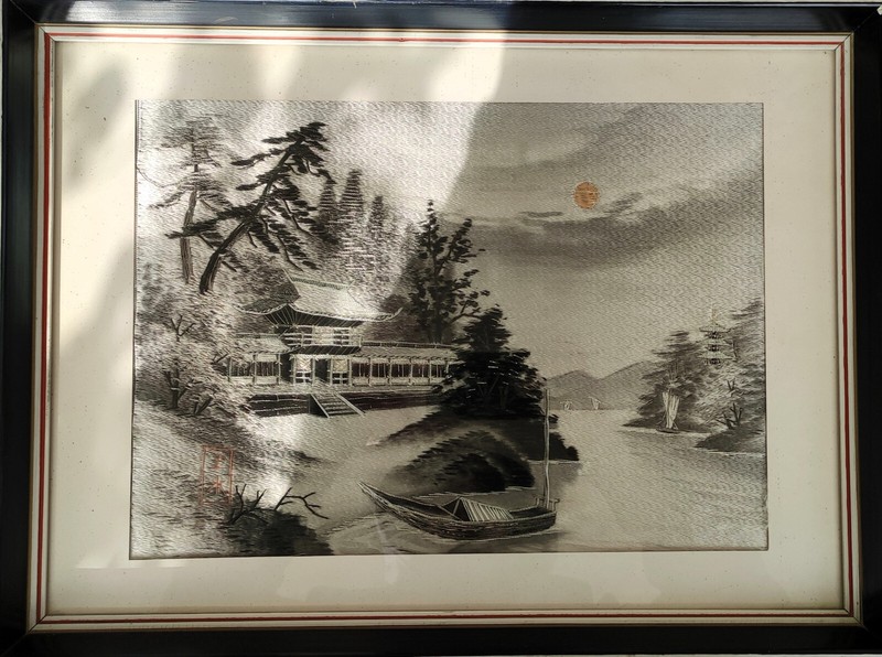 Rare Vintage Japanese Silk Embroidery Framed Textile Art, 50cm X 37cm gallery