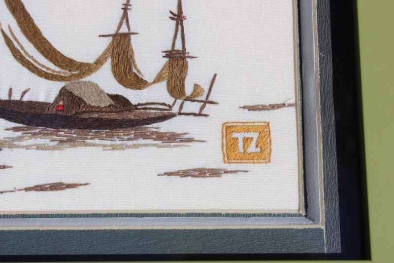 Vintage TZ Vietnam Hand Embroidered Silk Boats Landscape Framed w/COA gallery