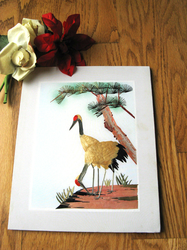 Wheat Stalk Cutting Picture Cranes Asian Scene Hand Cut On Silk