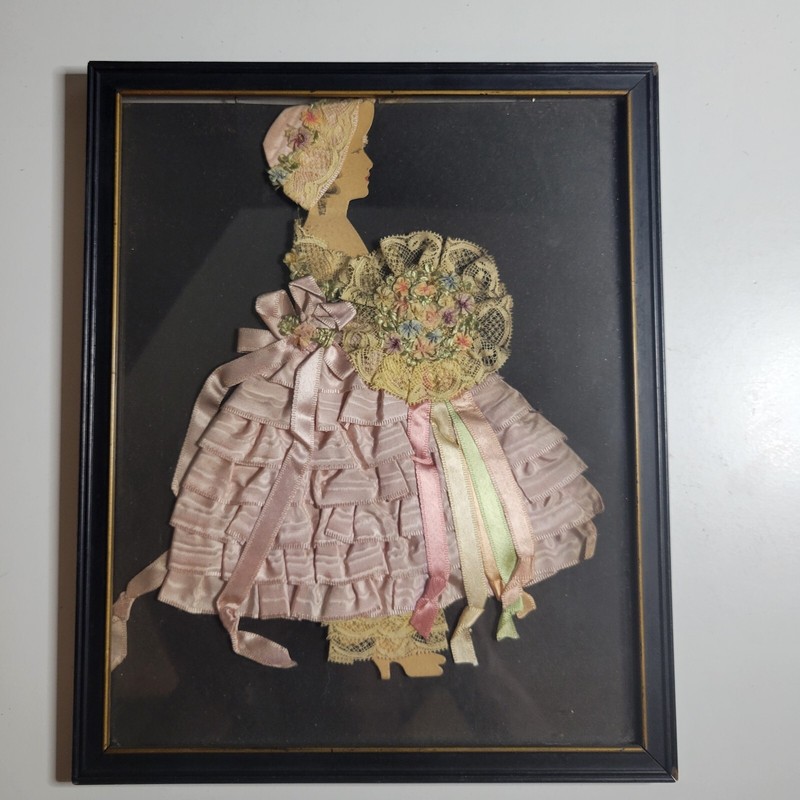 Antique Art Framed Fabric Woman Lady Bonnet Dress Flowers Bouquet Victorian gallery