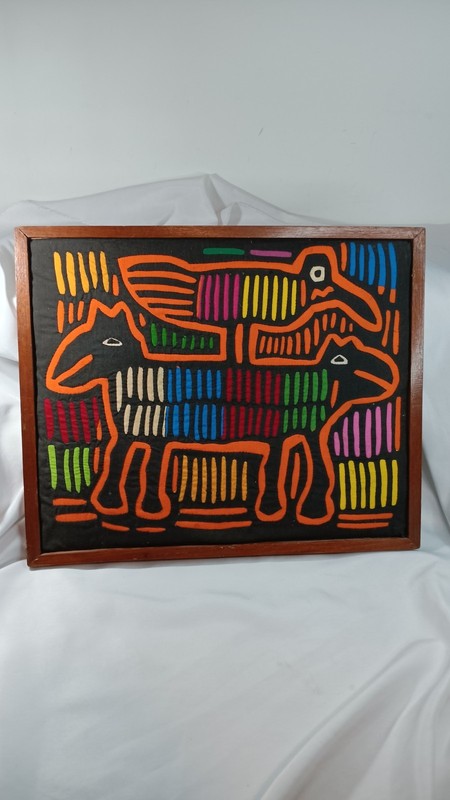 Textile Art Guna Mola 1960’s Panama Folk Art Vintage Handmade Wall Decor Framed