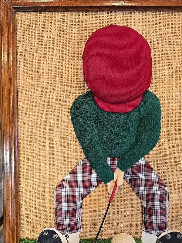 Vintage 1982 Handmade Folk Art Golfer Framed Fabric & Yarn Shadow Box Golf Decor gallery