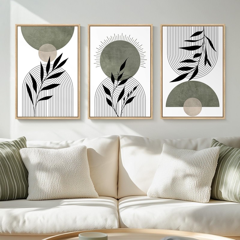 Framed Boho Sage Green Wall Art for Bedroom, 3 Piece Large Abstract Botanical... gallery