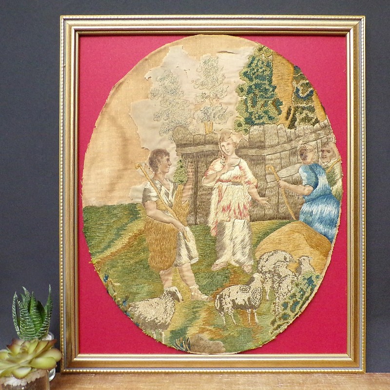 Antique Silkwork Framed Needlepoint Embroidery Georgian Portrait Countryside Art