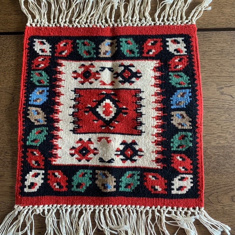 Vintage Rug Wall Hanging Woven Rug 15 x 15 Wool Yarn Textile MidCentury gallery