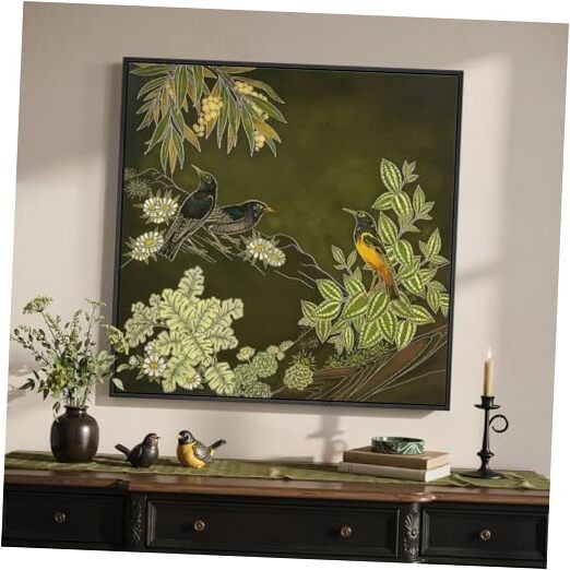 Framed Square Green Floral Bird Wall Art for Living Room, 24″L x 24″W Green-A