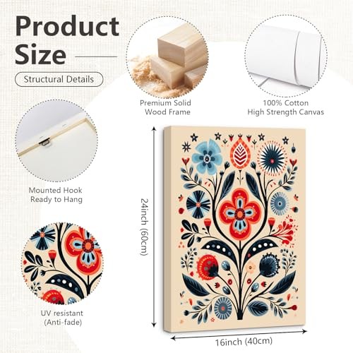 Scandinavian Folk Wall Art 16x24 Inch Wrapped Canvas Colorful Flower Prints Art gallery