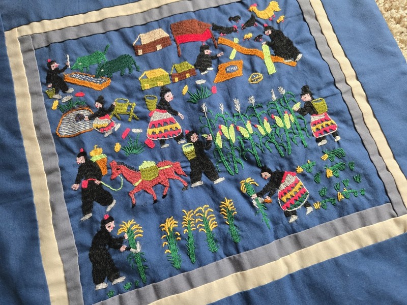 Vintage Laotian Hmong Tribal Embroidered Story Cloth; Farm Folk Art Pillow Asian gallery