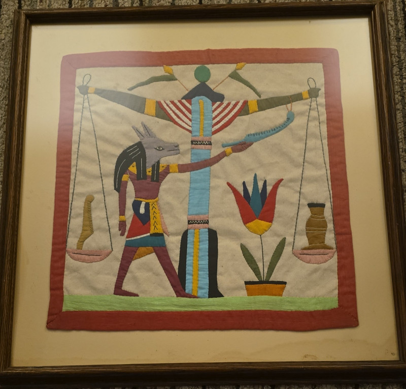 Egyptian Anubis Scales & Flower Fabric Applique Tapestry Wall Hanging, Framed