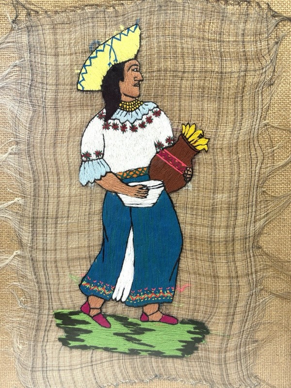 Vintage 1979 Ecuador Hand Woven Horsehair Backing Crewel Embroidery Wall Art x2 gallery