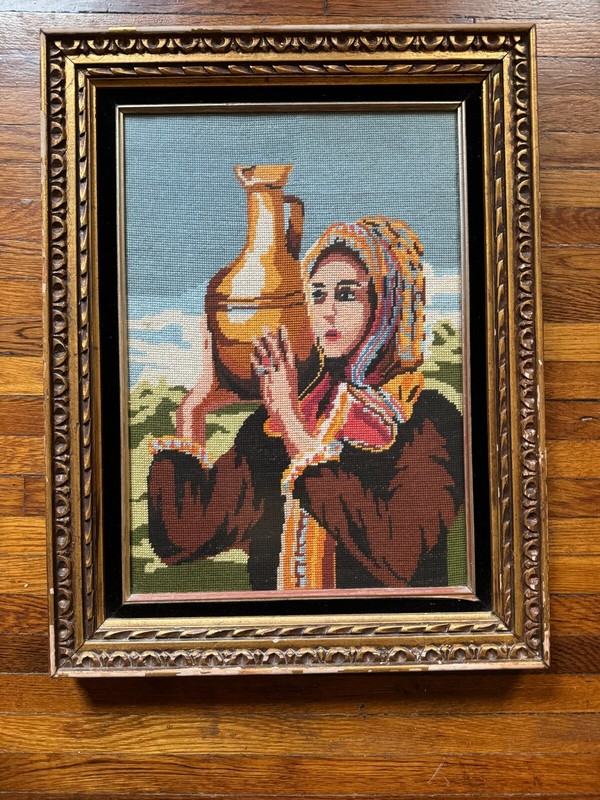 Rare Old Vintage Needlepoint Tapestry Wall Art Textile~Bibles Rebekah&Water Jug