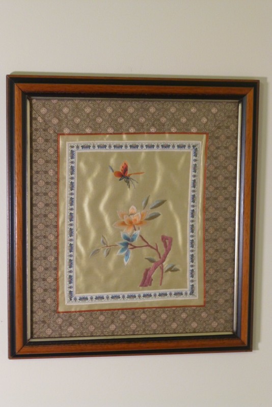 Framed silk embroidery from Singapore Flowers and Butterfly Vintage Chinese