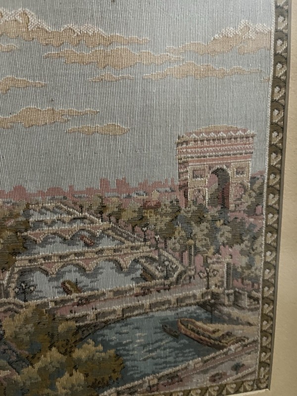 Vintage Framed Tapestry of Paris Effil Tower & River Scene Silk Embossed gallery