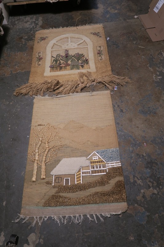 Set of 2 Vintage Hand Embroidered Crewel Jute Tapestry Hanging Fiber Art BOHO
