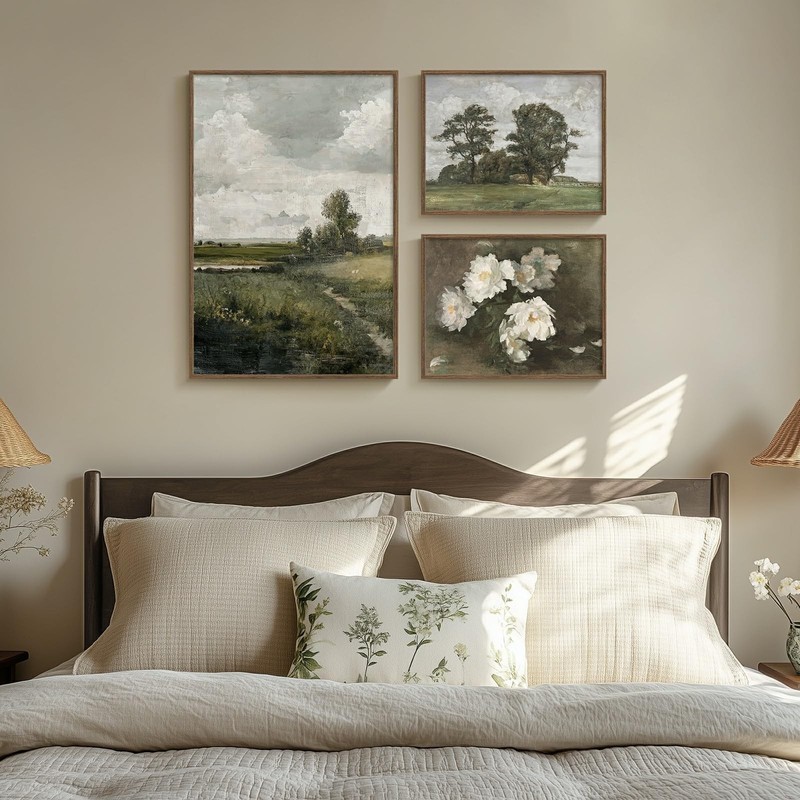 3 Piece Framed Vintage Canvas Wall Art Set, Large Green Floral and Tree Lands... gallery