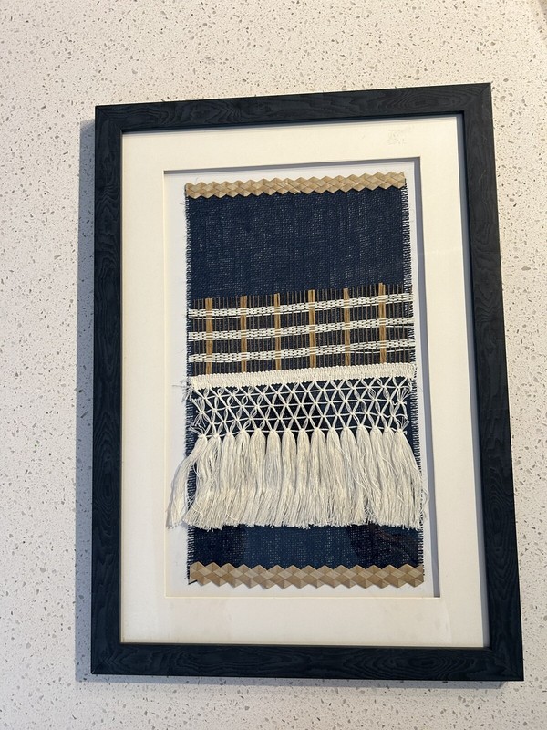Framed Loom Weaving Art 24″x 17″ Blue White Texture Mixed Medium