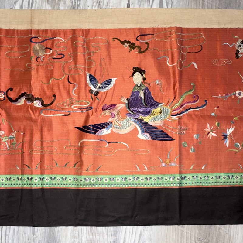 Handmade Embroidered Silk Asian Tapestry Panel - Birds Butterflies Women Large gallery