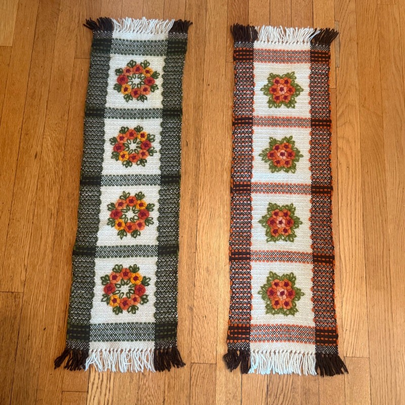 Vintage Crewel Floral Wall Tapestries – 34″ Fiber Art – Set of 2 Deadstock